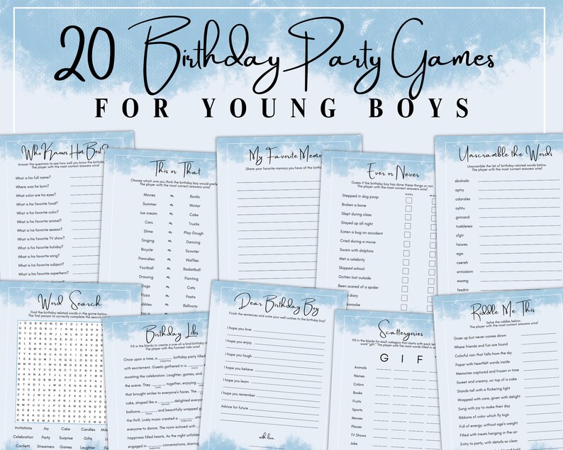 Printable Birthday Party Games for Boys 20 Pack Bundle Set for Him