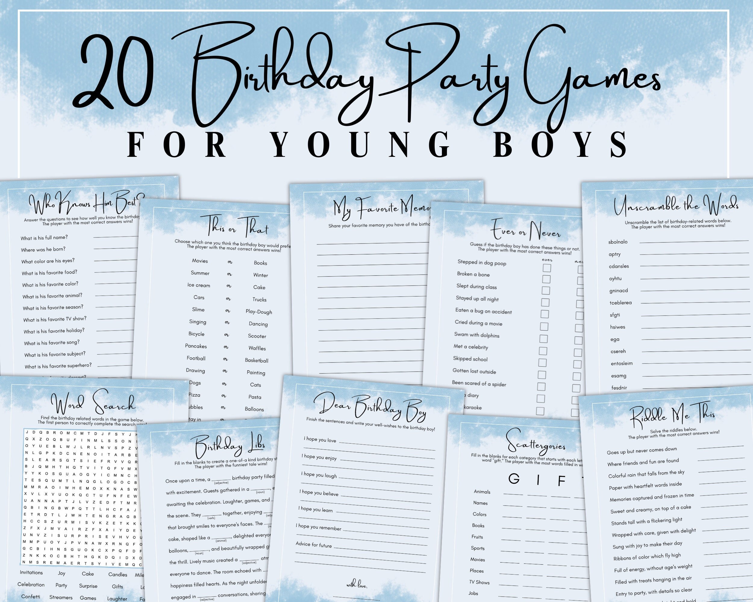 20 Printable Birthday Party Games for Boys Pack Bundle Set for Him