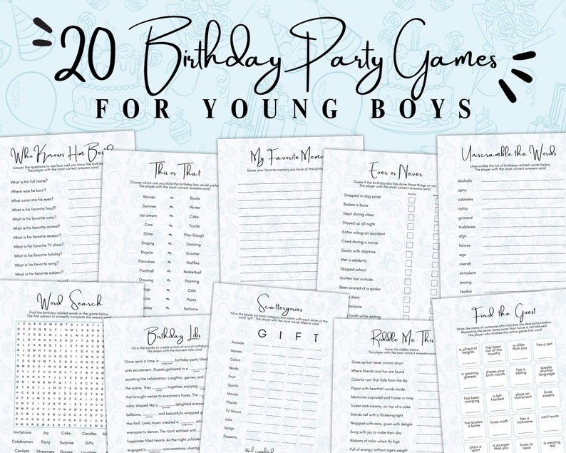 Birthday Party Games for Young Boys 20 Pack Bundle Set for Him