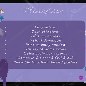 Puede incluir: Fondo morado con texto blanco que enumera los beneficios de un juego imprimible: f&aacute;cil de configurar, rentable, acceso de por vida, descarga instant&aacute;nea, imprimir tantas como sea necesario, variedad de tipos de juegos, atenci&oacute;n al cliente r&aacute;pida, viene en 2 tama&ntilde;os: 8.5x11 y 6x8, reutilizable para otras fiestas tem&aacute;ticas.