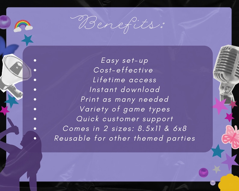 Puede incluir: Fondo morado con texto blanco que enumera los beneficios de un juego imprimible: f&aacute;cil de configurar, rentable, acceso de por vida, descarga instant&aacute;nea, imprimir tantas como sea necesario, variedad de tipos de juegos, atenci&oacute;n al cliente r&aacute;pida, viene en 2 tama&ntilde;os: 8.5x11 y 6x8, reutilizable para otras fiestas tem&aacute;ticas.