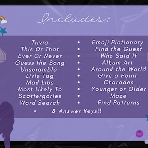 Puede incluir: Fondo morado con texto blanco que enumera varias ideas de juegos, incluyendo "Trivia", "This Or That", "Ever Or Never", "Guess the Song", "Unscramble", "Livie Tag", "Mad Libs", "Most Likely To", "Scattergories", "Word Search", "Emoji Pictionary", "Find the Guest", "Who Said It", "Album Art", "Around the World", "Give a Point", "Charades", "Younger or Older", "Maze", y "Find Patterns". El texto tambi&eacute;n incluye "& Answer Keys!!".