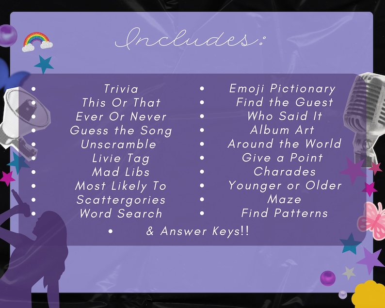 Puede incluir: Fondo morado con texto blanco que enumera varias ideas de juegos, incluyendo "Trivia", "This Or That", "Ever Or Never", "Guess the Song", "Unscramble", "Livie Tag", "Mad Libs", "Most Likely To", "Scattergories", "Word Search", "Emoji Pictionary", "Find the Guest", "Who Said It", "Album Art", "Around the World", "Give a Point", "Charades", "Younger or Older", "Maze", y "Find Patterns". El texto tambi&eacute;n incluye "& Answer Keys!!".