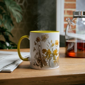 Daffodil Dreams Two-Tone Coffee Mug, 11oz Pressed Flower Watercolour Style, Wild Flower