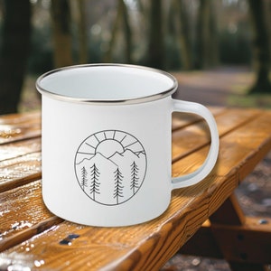 Enamel Camping Mug With Line Art Mountain Design, Campervan Gift, Camping Lover Gift