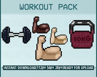 Twitch Emotes - Exercise themed pack! Cute low-res Workout emotes for streamers and discord - Dumbbells, flexing, kettlebell