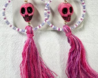 Pink Skull Tassel Earrings