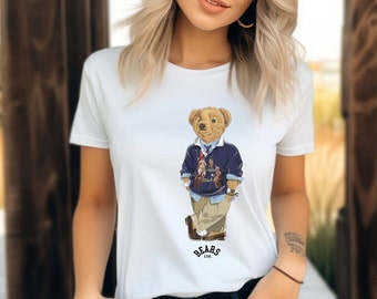 Unisex Casual Polo Bear Crewneck White Jersey Short Sleeve Tee, T-Shirt, Stylish Bear, Animal Shirt, Bear Lover Shirt, Fancy, Teddy Bear