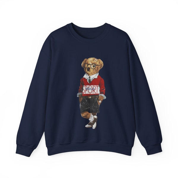 Sporty Nerd Polo Bear Crewneck Navy Sweatshirt Unisex, Stylish Bear, Animal Sweater, Bear Lover Winter Sweatshirt, Fancy Bear