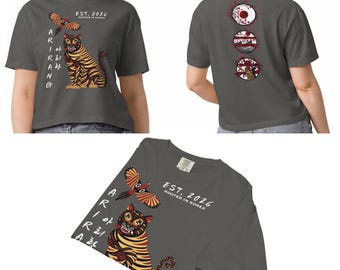 K-Pop Box Tee Minhwa 민화 Hojakdo 호작도 Tiger 호랑이 & Magpie 까치 on Front; New Album Logos Korean Culture Cherry Blossoms, Moon, Tree on Back