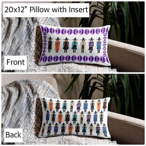 May include: A 50x30cm pillow with insert. The front of the pillow features a white background with a repeating pattern of figures in various colors, including black, orange, and blue. The top and bottom edges have a purple geometric design. The back of the pillow has a similar design.