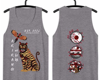 K-Pop Tank Top Minhwa 민화 Hojakdo 호작도 Tiger 호랑이 & Magpie 까치 on Front; New Album Logos Korean Culture Cherry Blossoms, Moon, Tree on Back