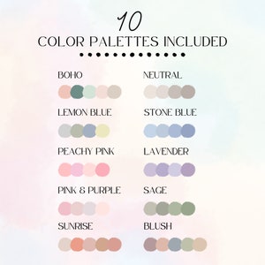Pu&ograve; includere: Un'illustrazione digitale di 10 palette di colori, ognuna con 4 campioni di colore. Le palette sono etichettate con nomi come "Boho", "Neutro", "Blu limone", "Blu pietra", "Rosa pesca", "Lavanda", "Rosa e viola", "Salvia", "Alba" e "Arrossire".