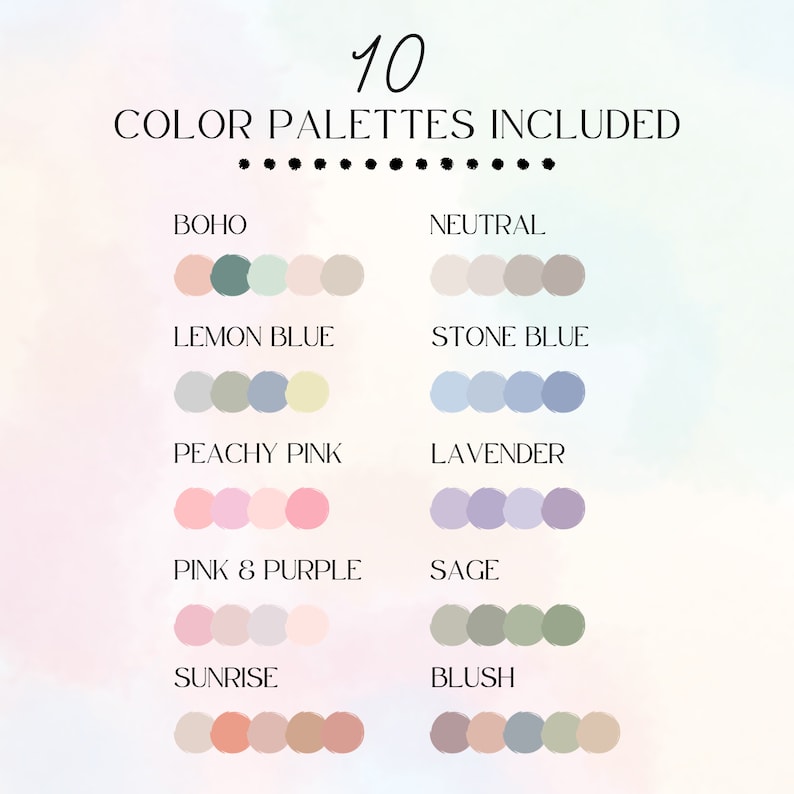 Pu&ograve; includere: Un'illustrazione digitale di 10 palette di colori, ognuna con 4 campioni di colore. Le palette sono etichettate con nomi come "Boho", "Neutro", "Blu limone", "Blu pietra", "Rosa pesca", "Lavanda", "Rosa e viola", "Salvia", "Alba" e "Arrossire".