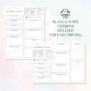 Pu&ograve; includere: Due guide di studio di farmacologia stampabili in bianco e nero. Ogni guida ha sezioni per il nome generico, il nome commerciale, la classe di farmaci, il dosaggio, le controindicazioni, la valutazione infermieristica, gli usi terapeutici, il meccanismo d'azione e gli effetti collaterali.