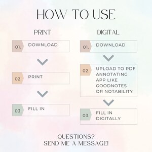 Pu&ograve; includere: Un diagramma di flusso con istruzioni su come utilizzare un prodotto stampabile o digitale. Il diagramma di flusso ha due colonne, una per la stampa e una per il digitale. La colonna di stampa ha tre passaggi: scarica, stampa e compila. La colonna digitale ha tre passaggi: scarica, carica su un'app di annotazione PDF come Goodnotes o Notability, e compila digitalmente. Il diagramma di flusso ha il testo "HOW TO USE" in alto e "QUESTIONS? SEND ME A MESSAGE!" in basso.