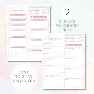 Pu&ograve; includere: Due guide di studio di farmacologia stampabili con accenti rosa e bianchi. Ogni guida ha sezioni per il nome generico, il nome del marchio, la classe di farmaci, la via di somministrazione/dosaggio, le controindicazioni, la valutazione infermieristica, gli effetti collaterali, gli usi terapeutici, il meccanismo d'azione e le note. Il testo "FARMACOLOGIA" &egrave; in cima a ciascuna guida.