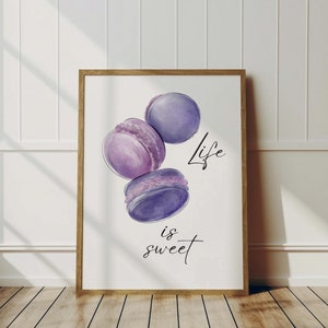 French Macaron Wall Art Print, Life is Sweet Digital Poster, Pastel Dessert Decor, Printable Cafe Decoration, Unique Housewarming Gift