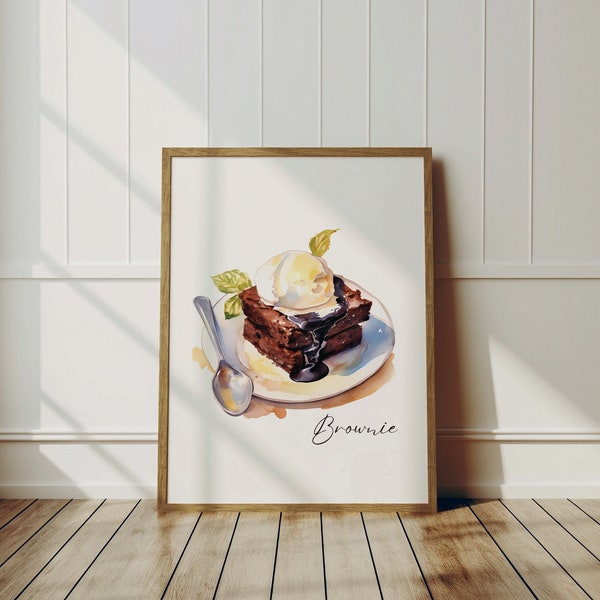 Dessert Printable Wall Art, Delicious Brownie Print, Watercolor Food Poster, Digital Download Restaurant Artwork, Modern Kitchen Wall Decor