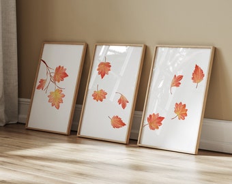 Watercolor Fall Leaves Print - Set of 3 Warm Orange Posters - Autumnal Rustic Wall Artwork - Cozy Thanksgiving Decor - Digital DOWNLOAD