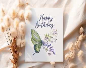 Happy Birthday Card, Cute Printable Birthday Card, Greeting Card with Green Butterfly, Digital 5x7, Flowers Birthday Card