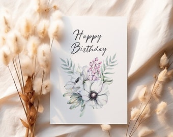 Happy Birthday Card, Flowers Print, 5x7 Greeting Card, Digital Download, Printable Watercolor Floral Card