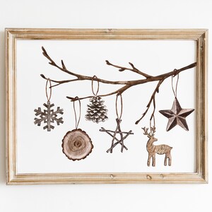 Wooden Christmas Ornaments Print, Printable Nordic Holiday Wall Art, Cozy Rustic Living Room Decoration, Digital DOWNLOAD