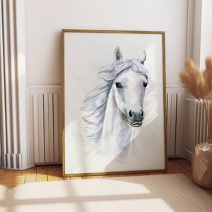Art mural minimaliste cheval blanc, impression aquarelle tranquille, décoration moderne en téléchargement numérique - cadeau Unique pour les amoureux des animaux