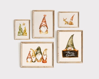 Christmas Gnomes Prints Set of 5, Nordic-Inspired Festive Decor, Digital DOWNLOAD, Winter Holiday Wall Print, Christmas Printable Wall Art