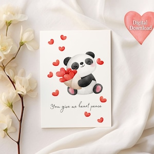 Tarjeta imprimible del día de San Valentín: me das paz en el corazón: linda impresión de panda, tarjeta de felicitación de amor: tarjeta de 5 x 7 DESCARGA DIGITAL