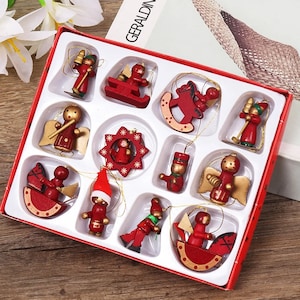 12pcs Set Christmas Wooden Miniature Ornaments Tree Hanging Pendants New Year Gift Toy Kid Home Party Decor