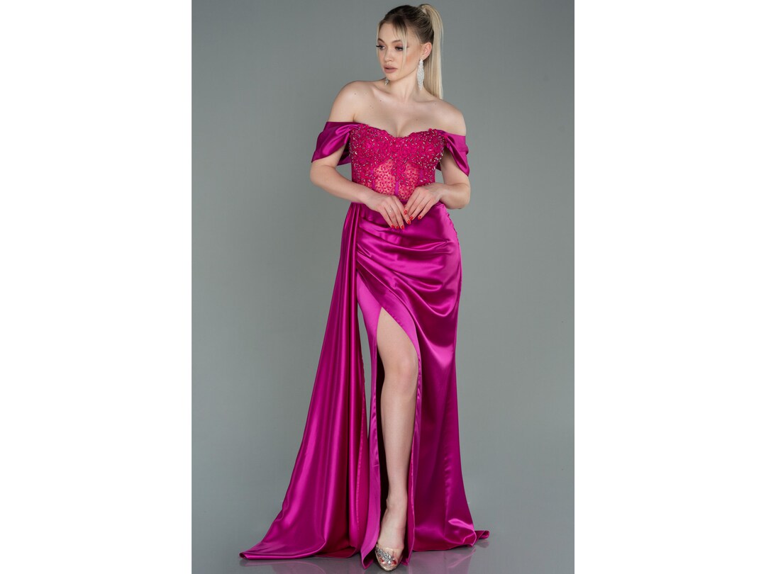 Luxurious Sleeveless Fuchsia Satin Beaded Long Party Dress Formal Evening Dress SP1861 main image 0