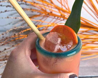 Hand Blown Sea Glass Tumbler | Turquoise Rim Tiki Cocktail Glass, Beach Barware