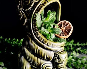 Handmade Ceramic Cannibal Tiki Mug – 15 oz Tropical Cocktail Cup, Green Glaze Bar Decor