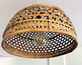 Tropical Rattan Basket Pendant Light, Handwoven Rattan Ceiling Lamp, Boho Coastal Lighting