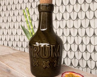 Handmade Ceramic Rum Bottle Tiki Mug – Deep Green Glaze with Cork Stopper