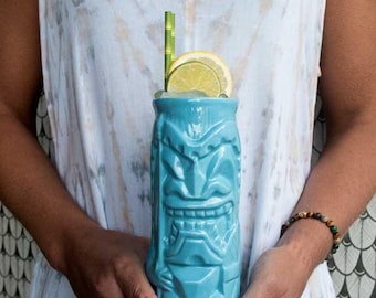 Britiki Ceramic Tiki Mug Blue – 20 oz British Cocktail Barware – Collectible Cup