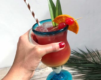 Hurricane Cocktail Glass - Turquoise - Hand Blown Recycled Glass