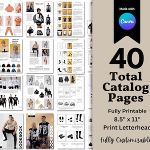 Könnte beinhalten: Ein Katalog-Mockup mit 40 Seiten, auf denen verschiedene Kleidungsstücke und Accessoires gezeigt werden. Der Katalog ist vollständig druckbar und anpassbar. Der Text "Made with Canva" ist in der oberen rechten Ecke sichtbar.