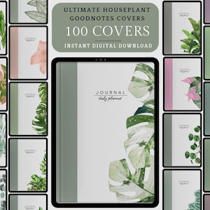 Puede incluir: Una descarga digital de 100 portadas de diario Goodnotes con ilustraciones de acuarela de plantas de interior. Las portadas son de varios colores y presentan diferentes tipos de plantas, incluyendo monstera, helechos y suculentas. El texto "JOURNAL daily planner" es visible en una de las portadas.