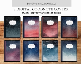 8 portadas de cuadernos digitales, minimalista, portada digital estética, portada de cuaderno de acuarela de cielo nocturno, planificador digital, GoodNotes, diario