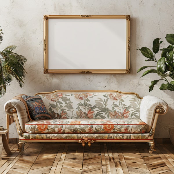 Rahmen Mockup, Goldige Rahmung mit Retro-Blumensofa, Elegante Wohnzimmer Wanddekor Vorlage, Digital-Download PSD, 3x2