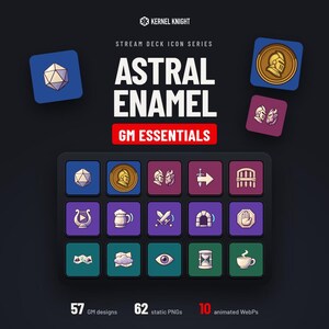 Könnte beinhalten: Ein digitales Icon-Set mit dem Titel Kernel Knight Stream Deck Icon Series Astral Enamel GM Essentials. Es zeigt ein Raster aus 15 quadratischen Symbolen mit verschiedenen Fantasy-Motiven wie Würfeln, Helmen, Schwertern und Karten.