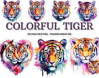 Conjunto de imágenes prediseñadas de tigres de acuarela: 20 PNG (descarga digital)