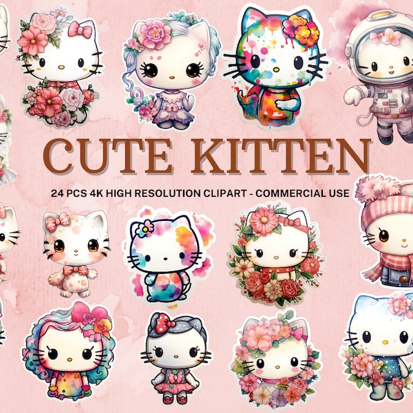 Kawaii Kitty SVG Collection | Watercolor Kawaii Kitty Clipart | Hello Kittys PNG | Kawaii Sticker | Instant Download | 24 High Quality PNG