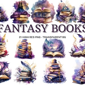 Watercolor Fantasy Books Clipart: 21 Magic PNG Images (Digital Download)