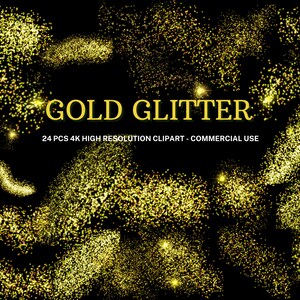 May include: A set of 24 gold glitter clipart images. The images are high resolution and perfect for adding a touch of sparkle to your designs.