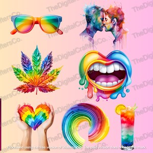 Pode incluir: Uma cole&ccedil;&atilde;o de ilustra&ccedil;&otilde;es digitais coloridas com um cora&ccedil;&atilde;o arco-&iacute;ris, um sinal de paz, uma folha de maconha, uma boca, uma flor, um casal, um redemoinho arco-&iacute;ris e um copo de l&iacute;quido arco-&iacute;ris.