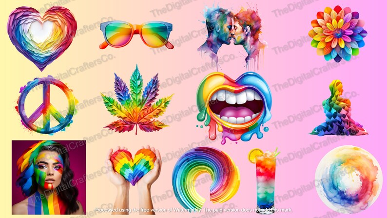 Pode incluir: Uma cole&ccedil;&atilde;o de ilustra&ccedil;&otilde;es digitais coloridas com um cora&ccedil;&atilde;o arco-&iacute;ris, um sinal de paz, uma folha de maconha, uma boca, uma flor, um casal, um redemoinho arco-&iacute;ris e um copo de l&iacute;quido arco-&iacute;ris.