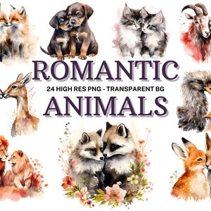 ロマンチックな動物のクリップアート セット、24 種類の水彩バレンタイン動物 PNG、スクラップブック、デジタル ペーパー